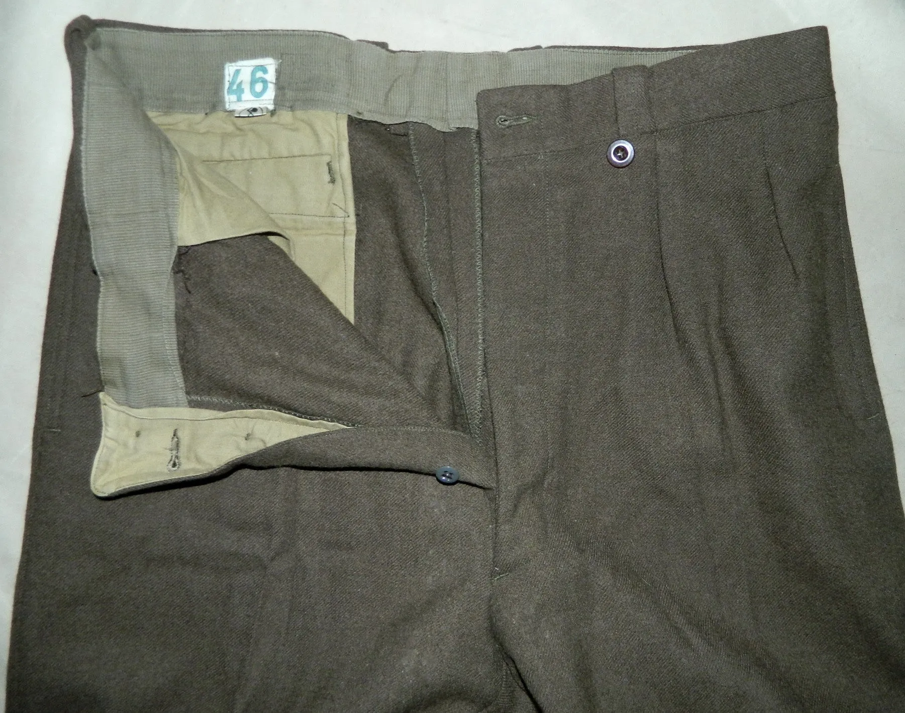 Vintage 1940s French Military Wool Trousers WWII OD Pleated Slacks Heavy Wool 37-Inch Waist