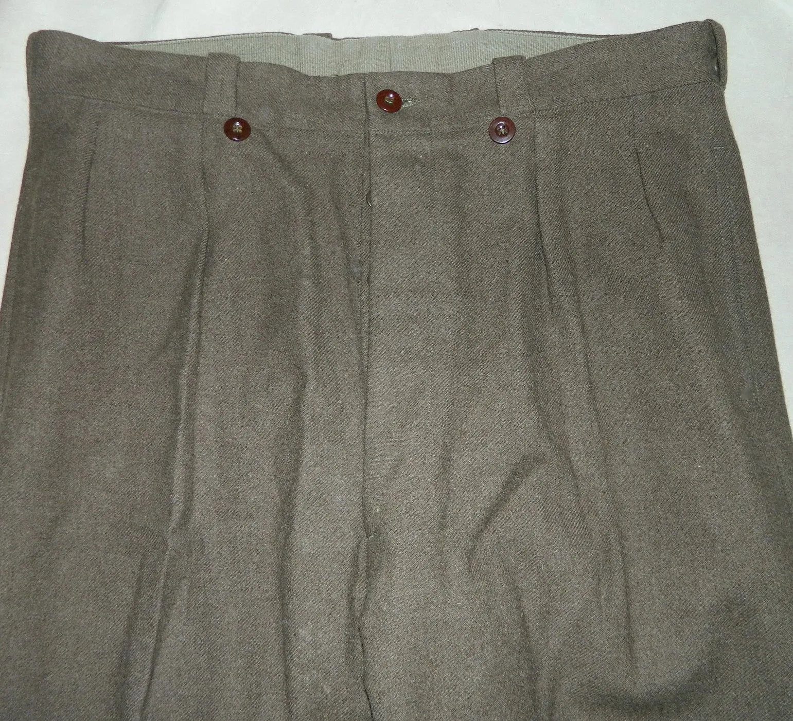 Vintage 1940s French Military Wool Trousers WWII OD Pleated Slacks Heavy Wool 37-Inch Waist