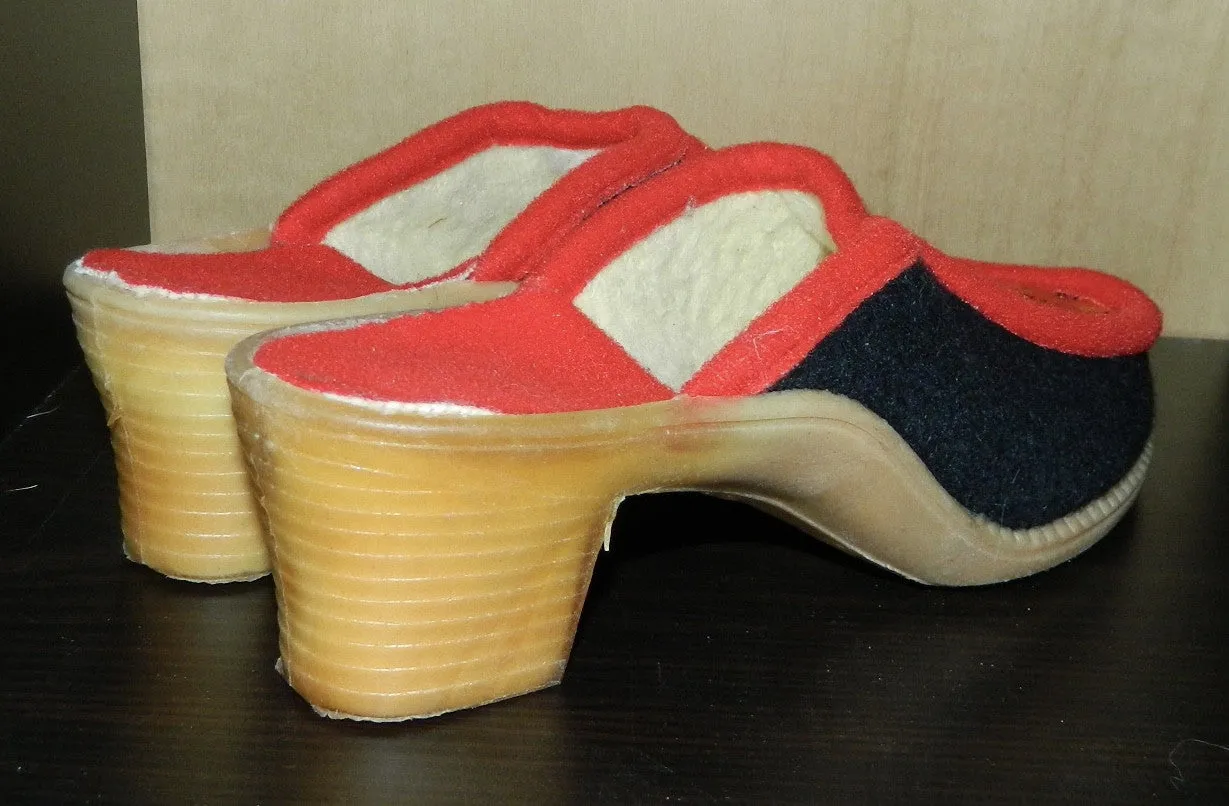 Vintage 1960s Wool Felt Clogs with Floral Embroidery Heels Slippers EU 37 US 6.5 - 7