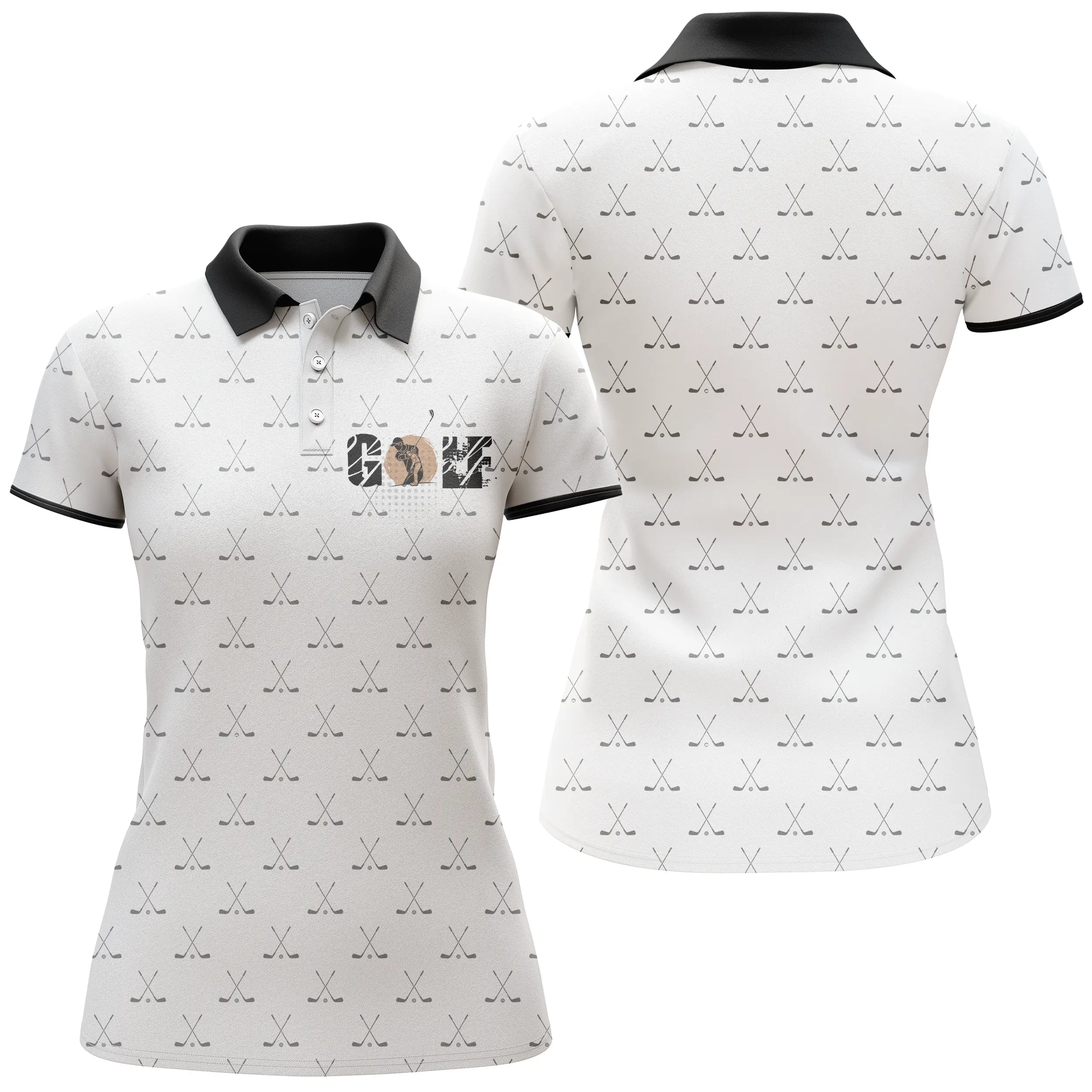 White and Black Golf Polo Shirt, Sport Polo, Original Gift for Golf Fans, Crossed Golf Clubs Pattern, Golfer, Female Golfer - C