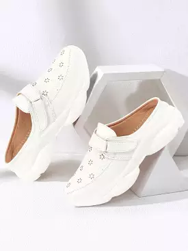 White Floral Laser Cut Slip On Mules Shoes for Women