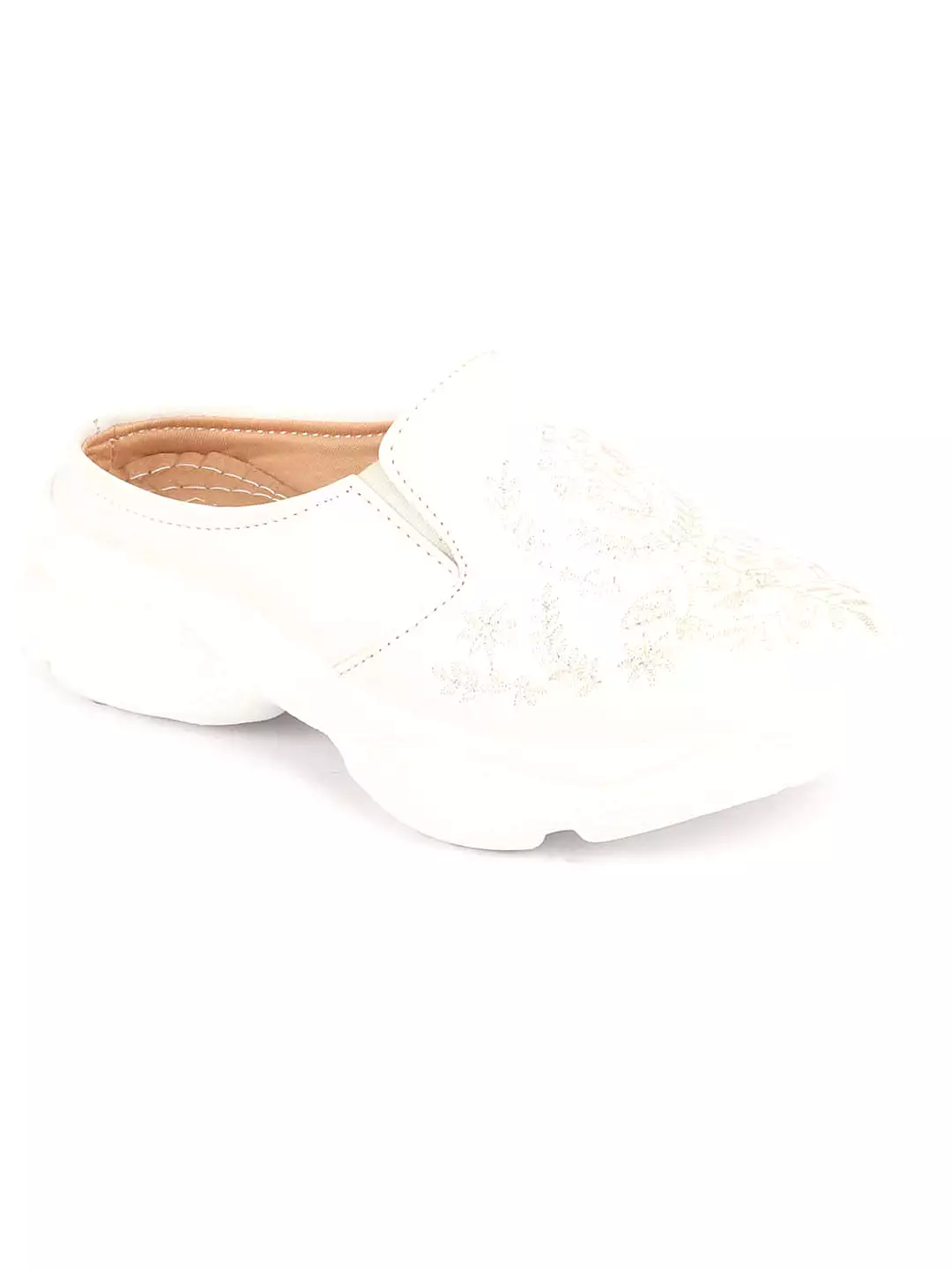 White floral print embroidery slip on mules shoes for women