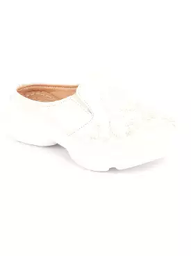 White floral print embroidery slip on mules shoes for women