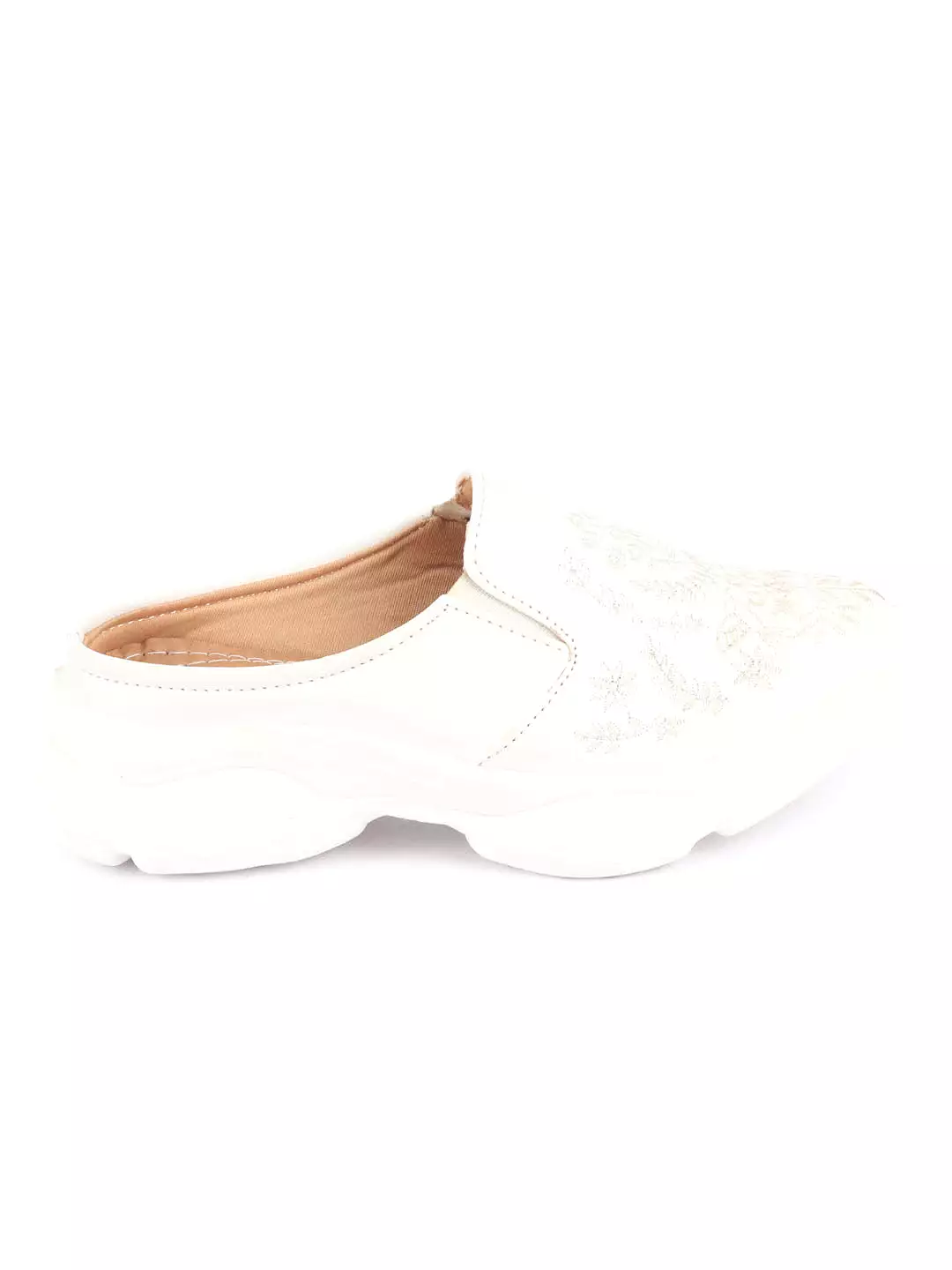 White floral print embroidery slip on mules shoes for women