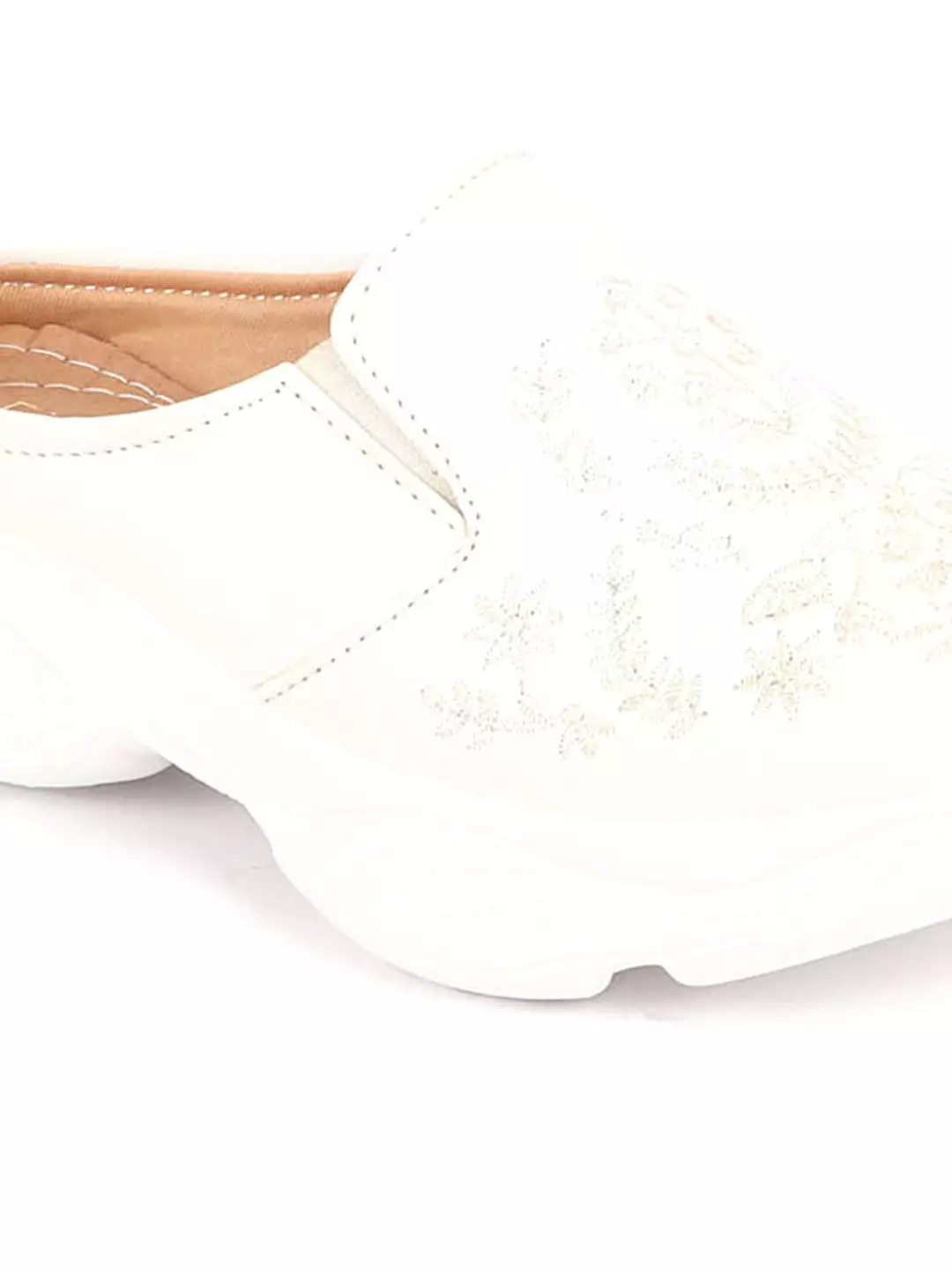 White floral print embroidery slip on mules shoes for women