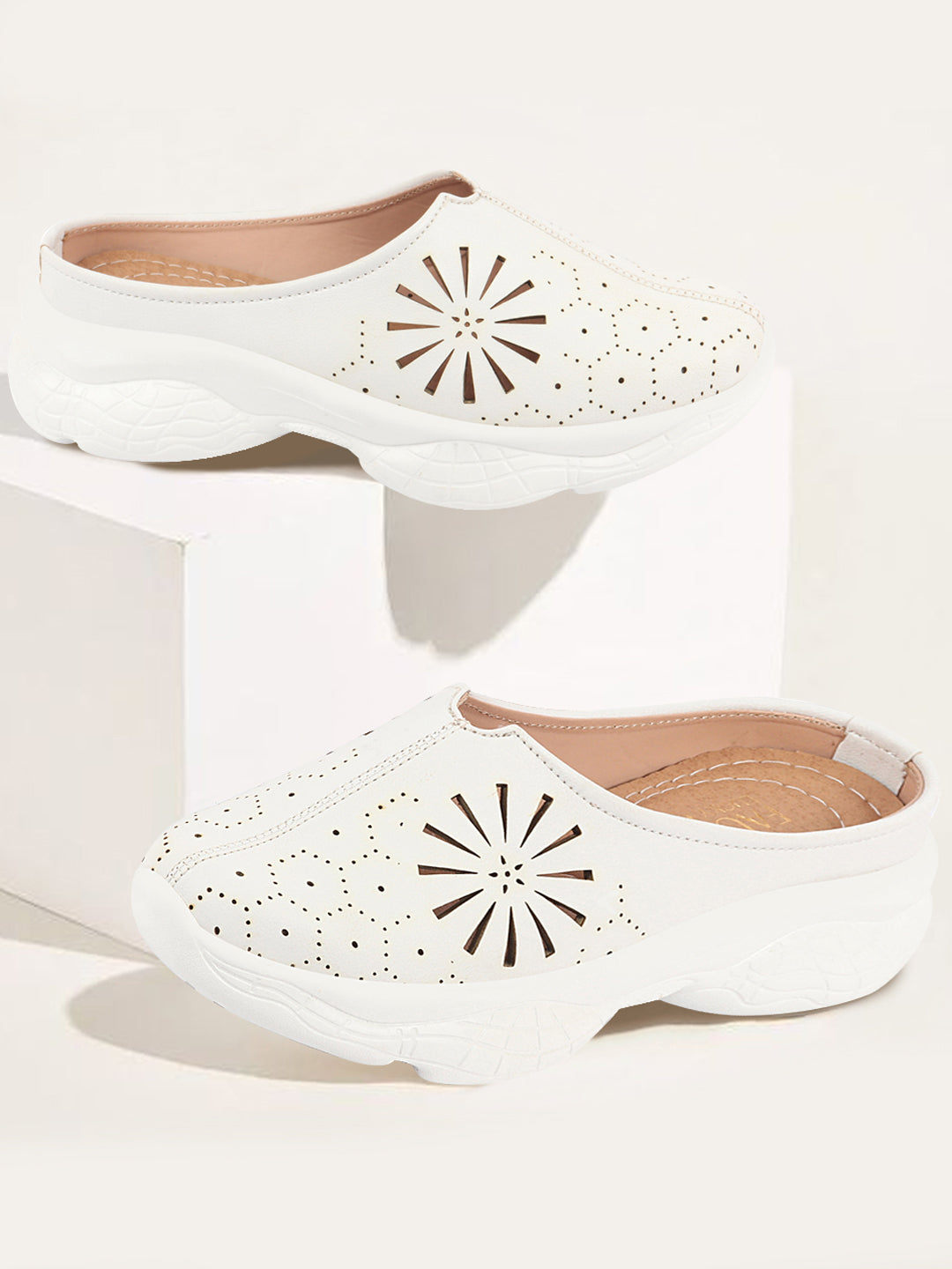 White Laser Cut Design Back Open Slip On Mules Shoes - Women's Breathable