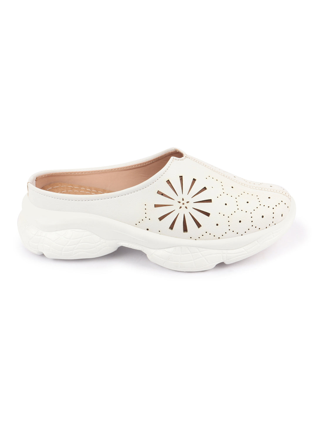 White Laser Cut Design Back Open Slip On Mules Shoes - Women's Breathable