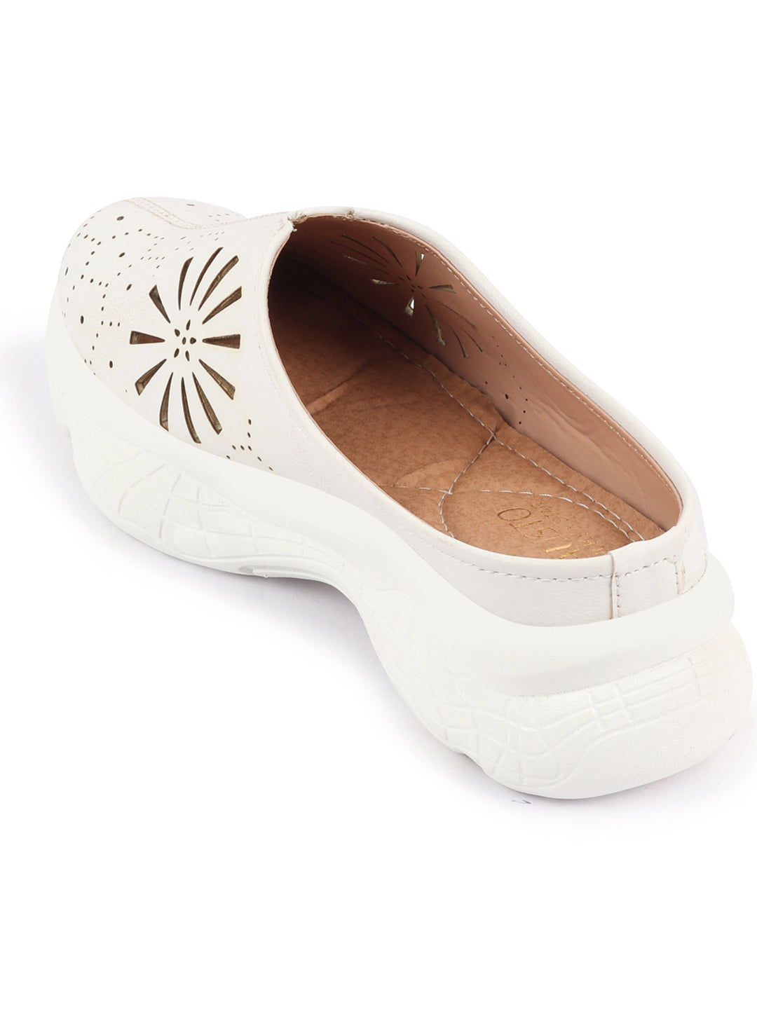 White Laser Cut Design Back Open Slip On Mules Shoes - Women's Breathable