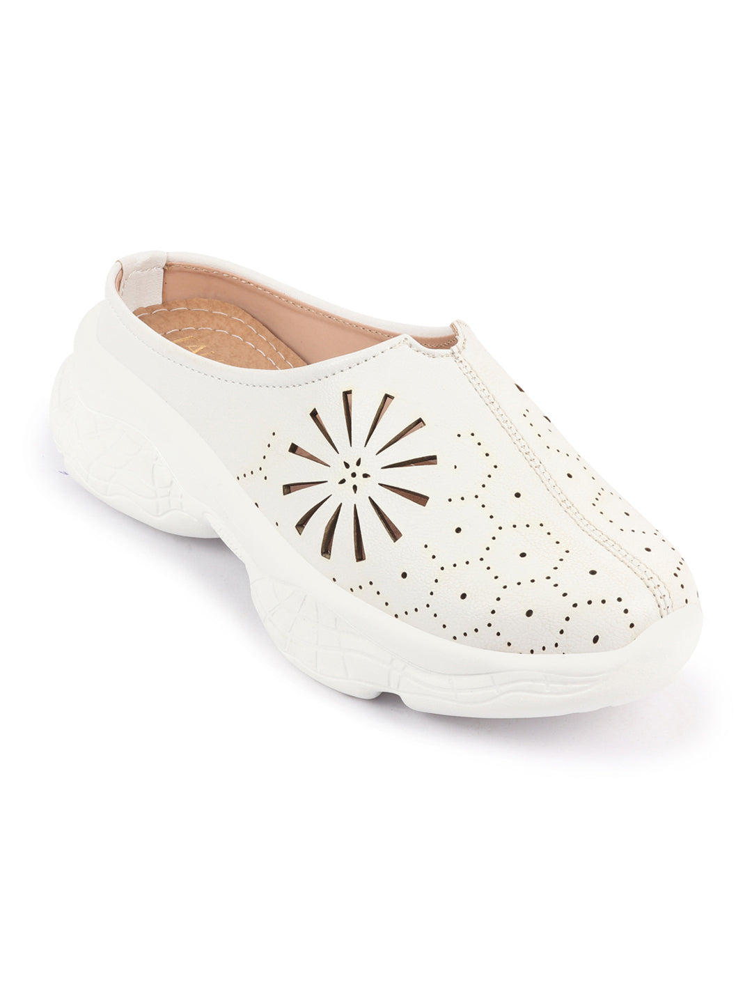 White Laser Cut Design Back Open Slip On Mules Shoes - Women's Breathable