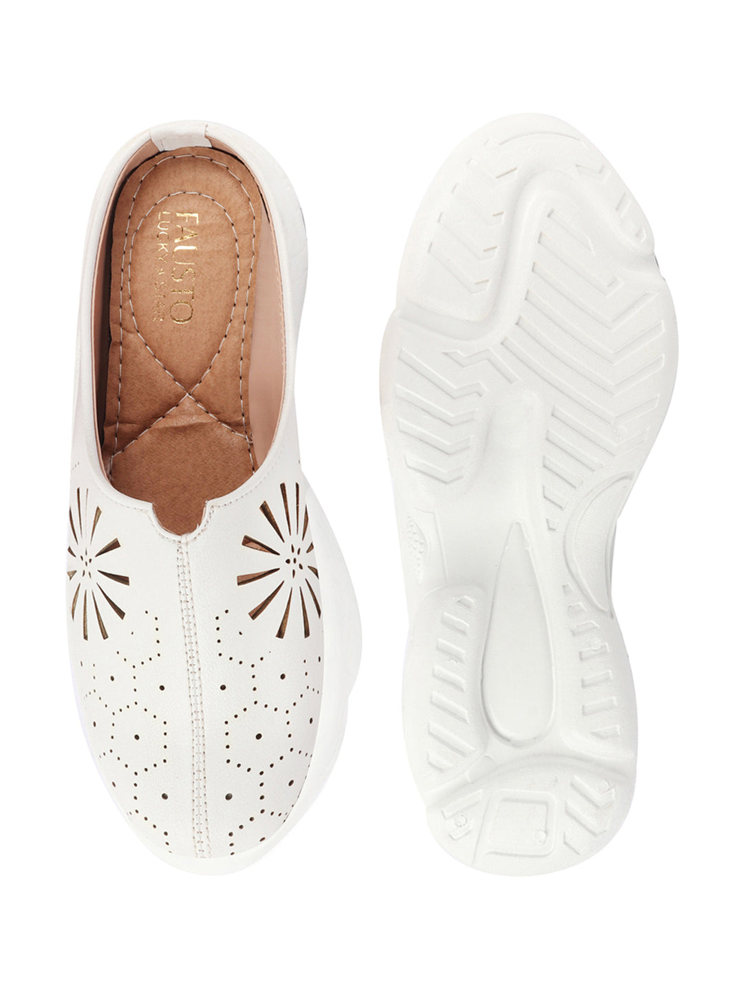 White Laser Cut Design Back Open Slip On Mules Shoes - Women's Breathable