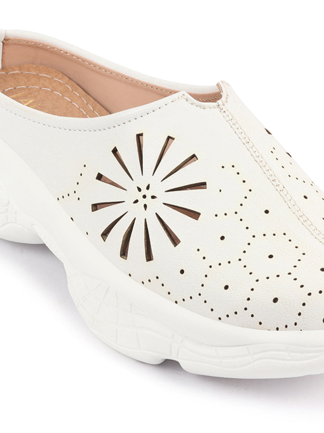 White Laser Cut Design Back Open Slip On Mules Shoes - Women's Breathable