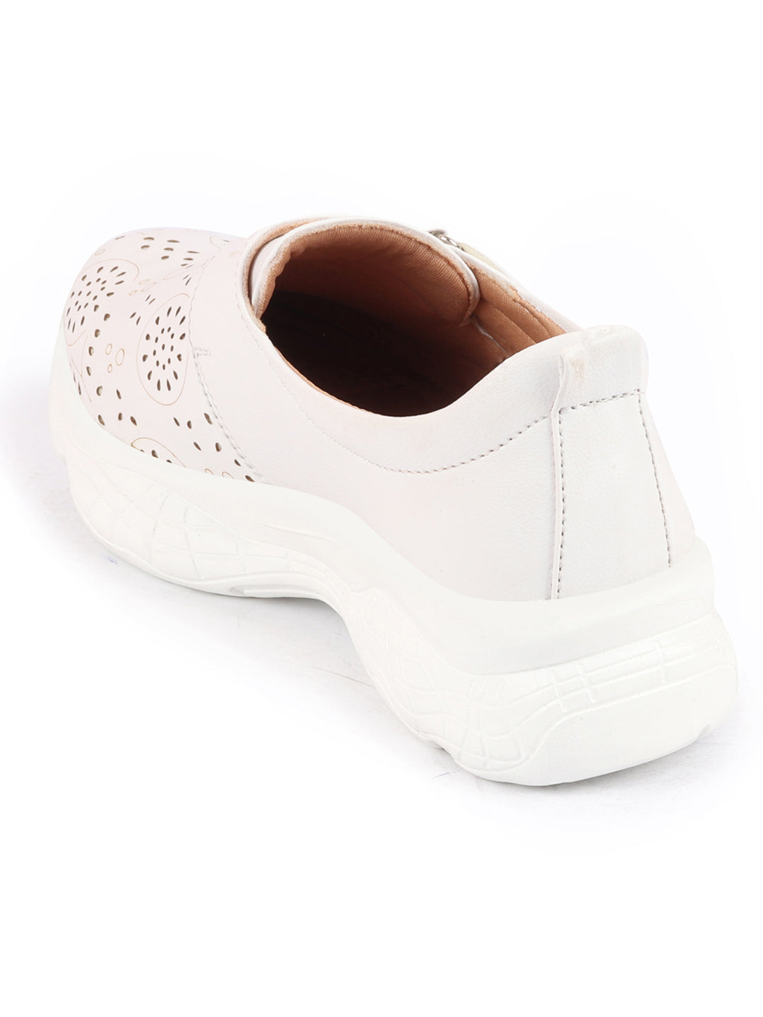 White Laser Cut Design Stitched Back Open Hook & Loop Buckle Mules Shoes for Women