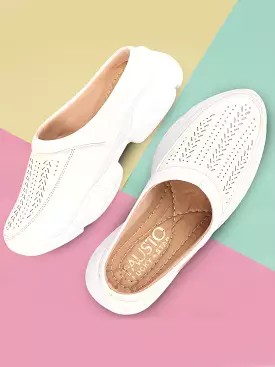 white laser cut design stitched open back slip on mules shoes for women