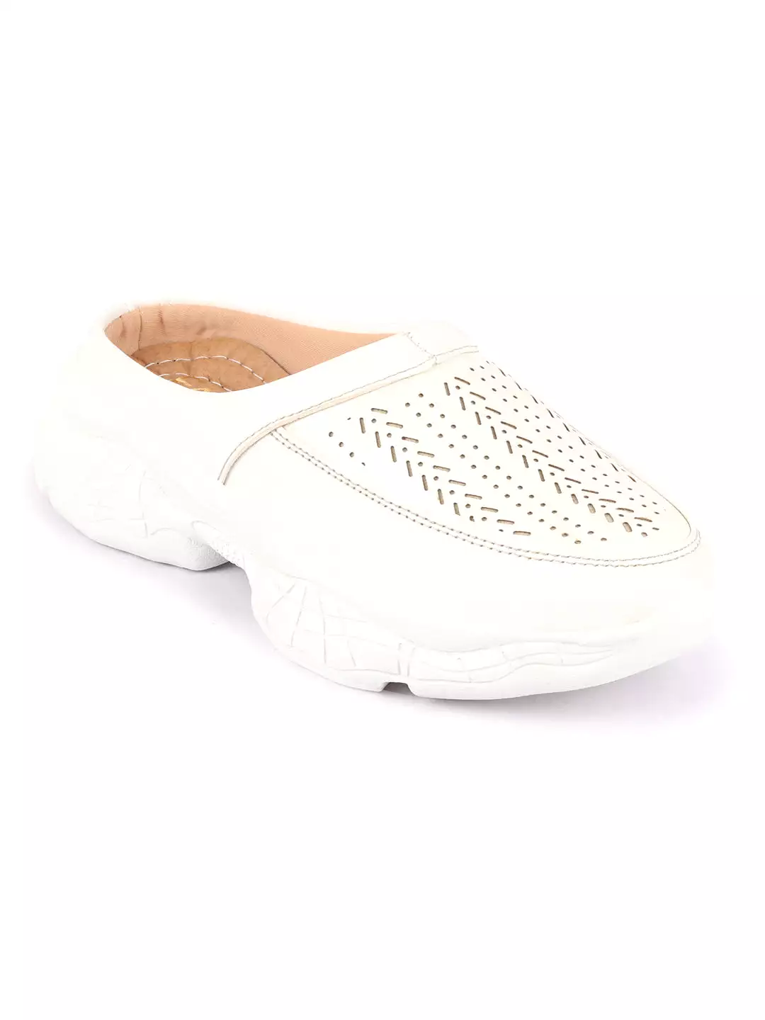 white laser cut design stitched open back slip on mules shoes for women