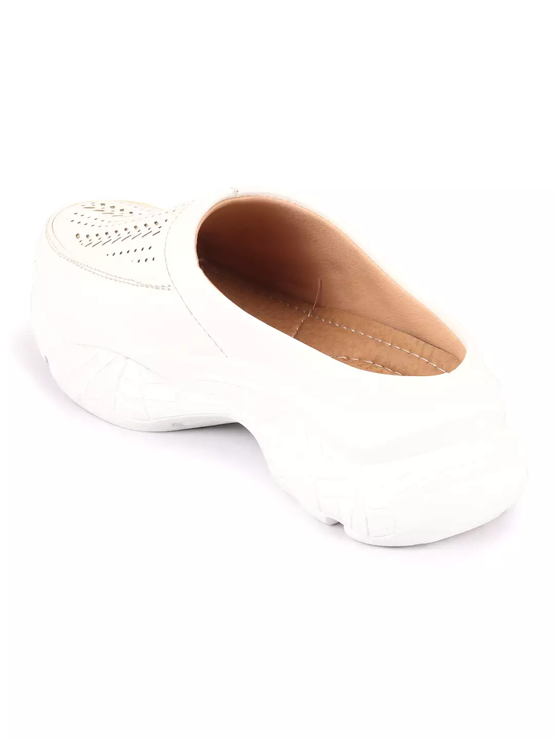 white laser cut design stitched open back slip on mules shoes for women