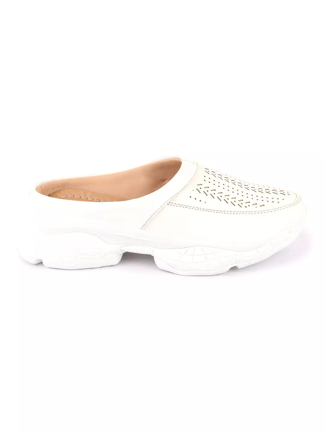 white laser cut design stitched open back slip on mules shoes for women