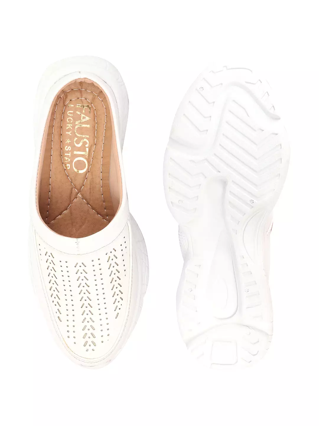 white laser cut design stitched open back slip on mules shoes for women