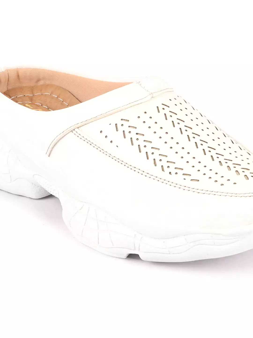 white laser cut design stitched open back slip on mules shoes for women