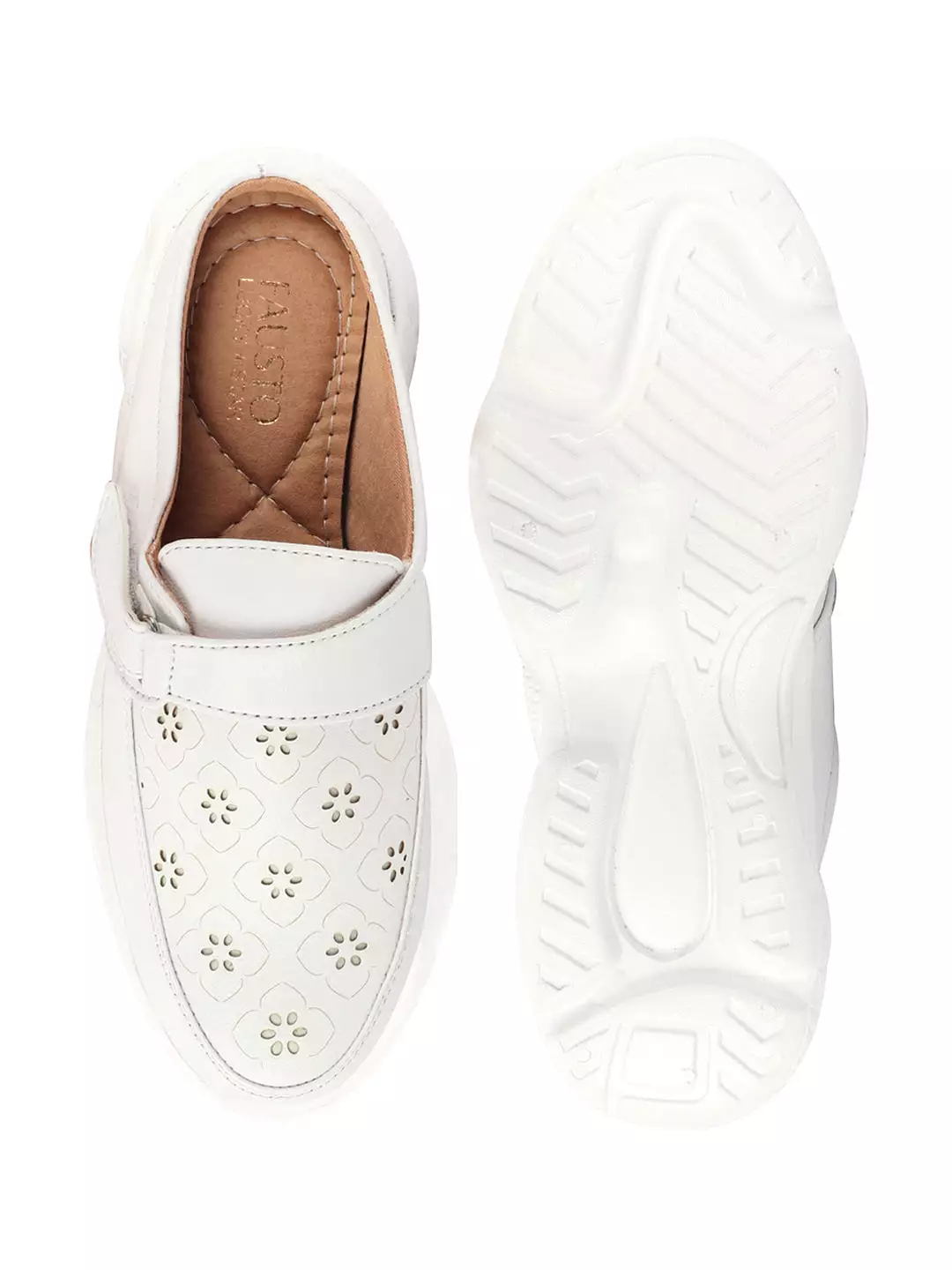 White Laser Cut Floral Design Slip On Mules Shoes for Women with Hook and Loop Back