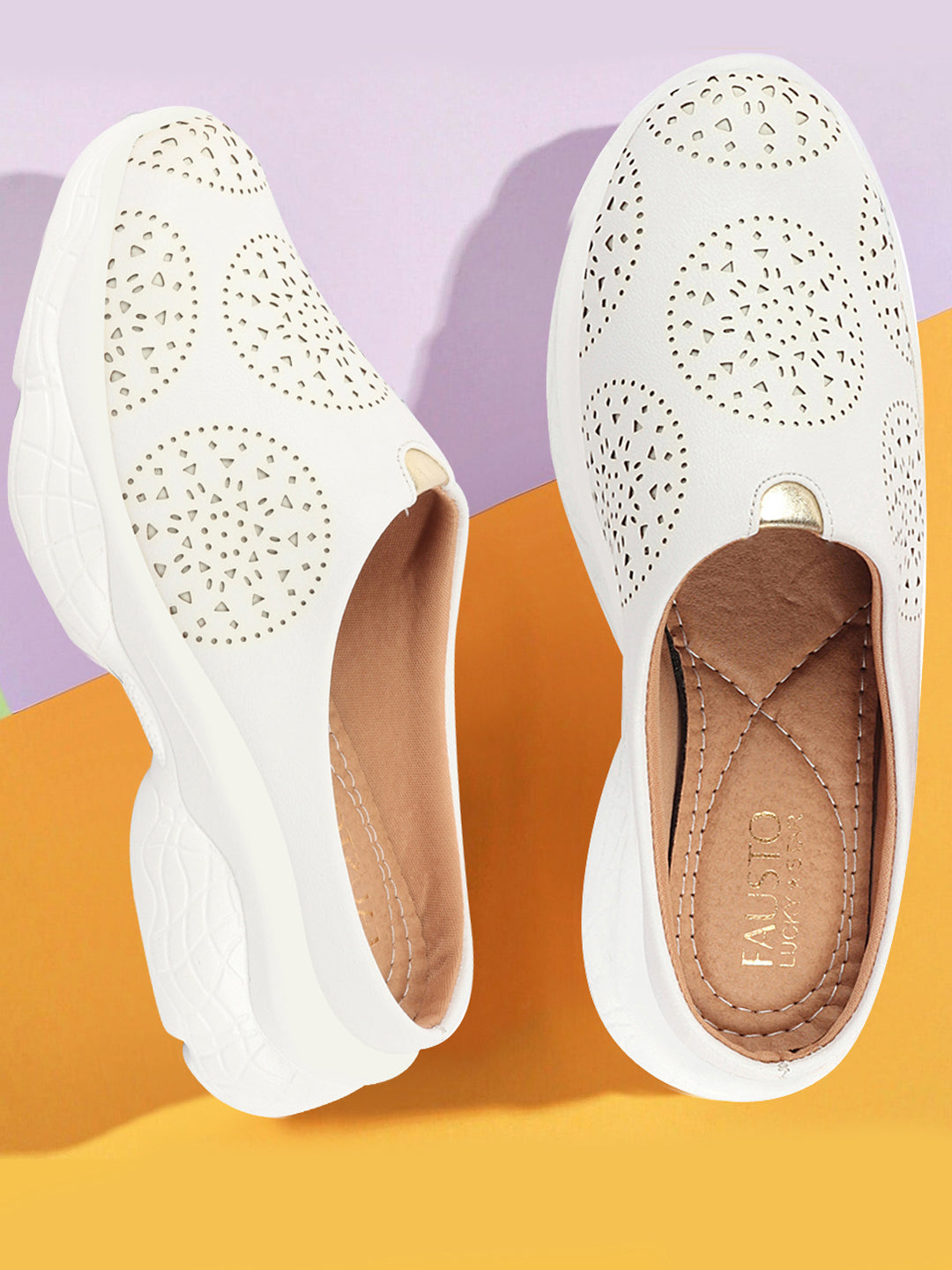 White Laser Cut Slip-On Mules Shoes for Women - Back Open Design