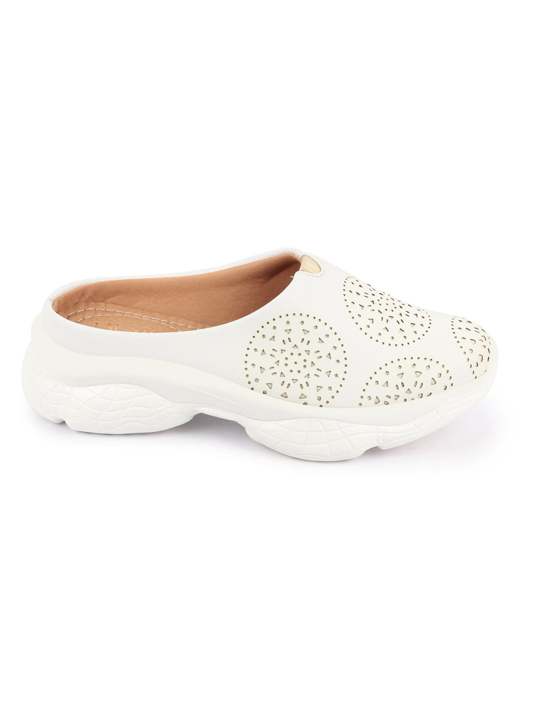 White Laser Cut Slip-On Mules Shoes for Women - Back Open Design