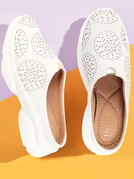 White Laser Cut Slip-On Mules Shoes for Women - Back Open Design