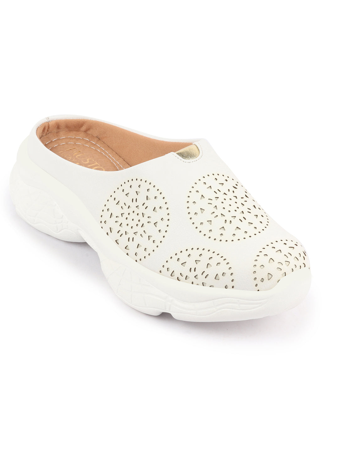 White Laser Cut Slip-On Mules Shoes for Women - Back Open Design