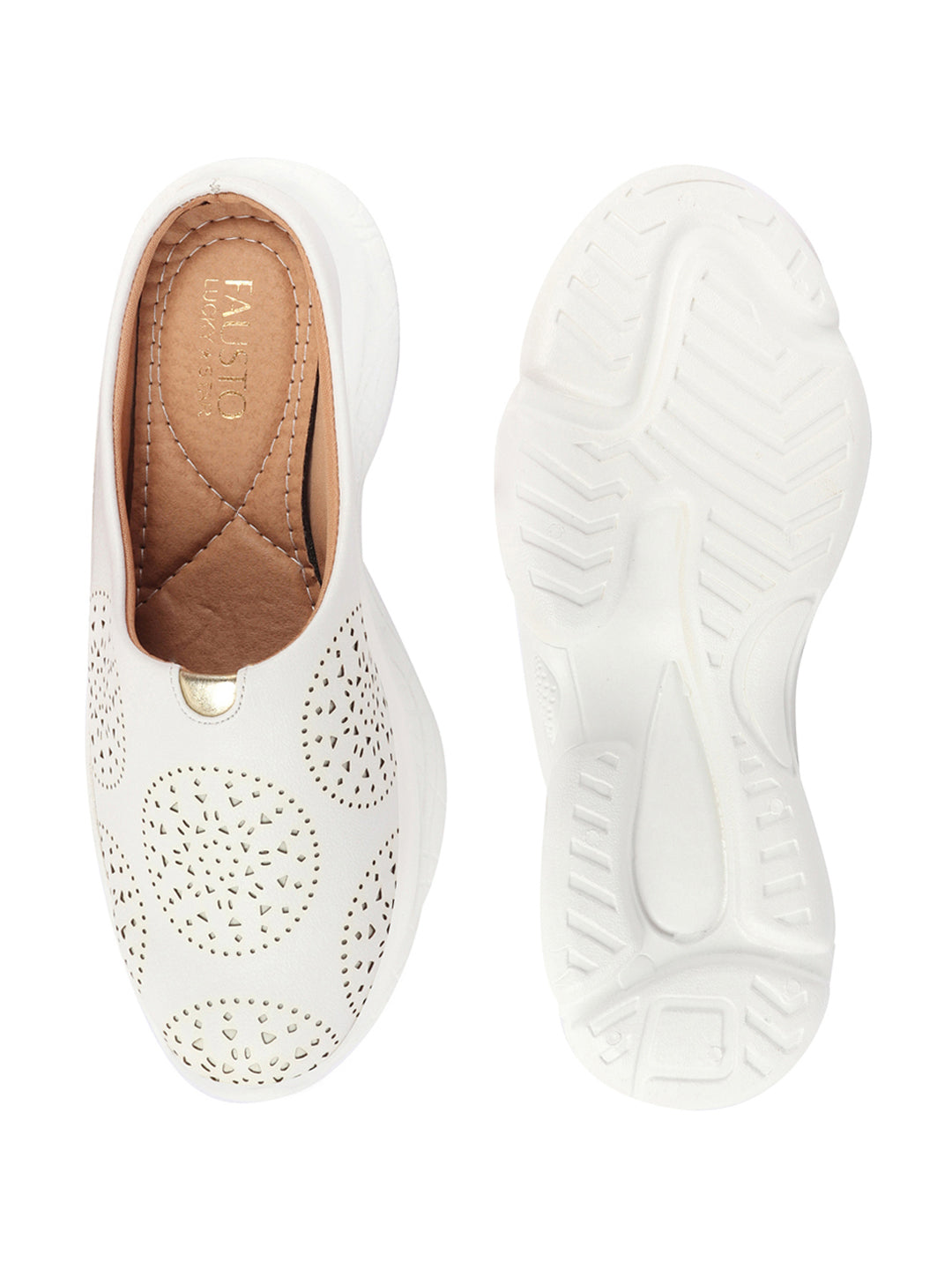 White Laser Cut Slip-On Mules Shoes for Women - Back Open Design