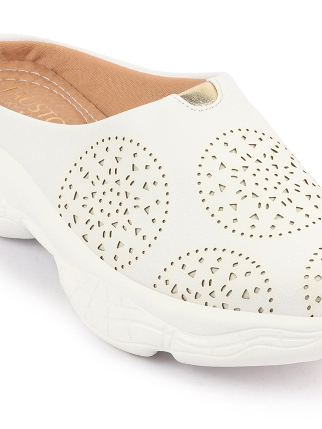 White Laser Cut Slip-On Mules Shoes for Women - Back Open Design