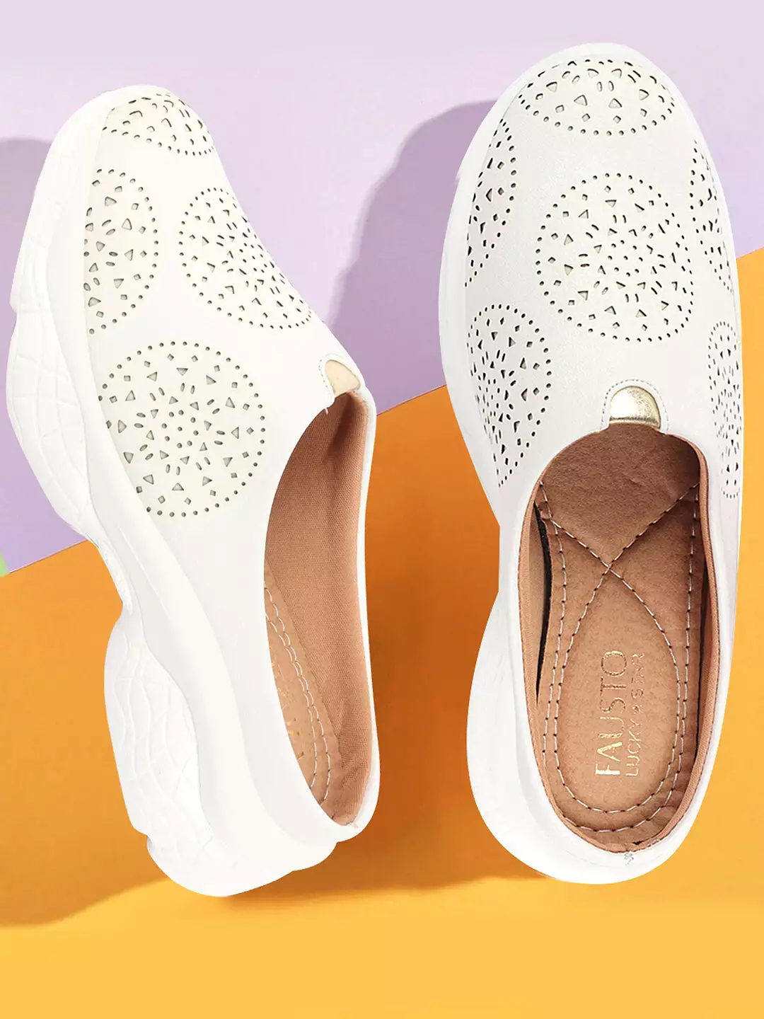 White Laser Cut Slip On Mules - Women's Back Open Toe Shoes