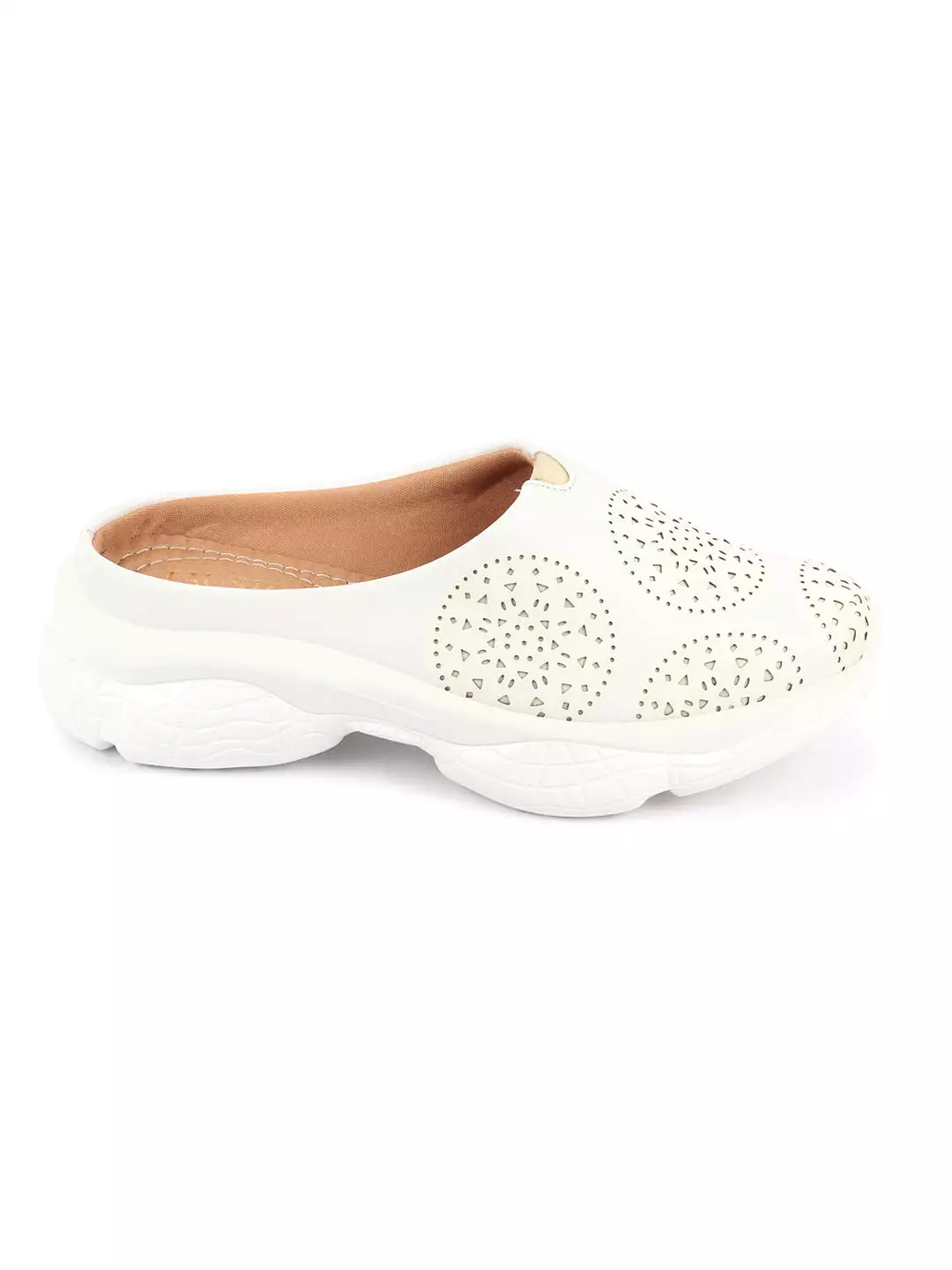 White Laser Cut Slip On Mules - Women's Back Open Toe Shoes