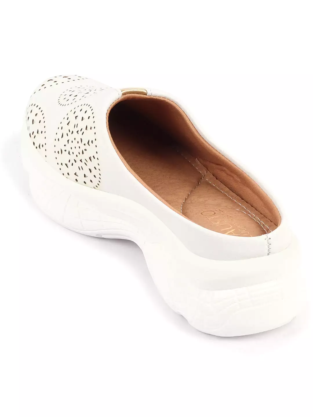 White Laser Cut Slip On Mules - Women's Back Open Toe Shoes