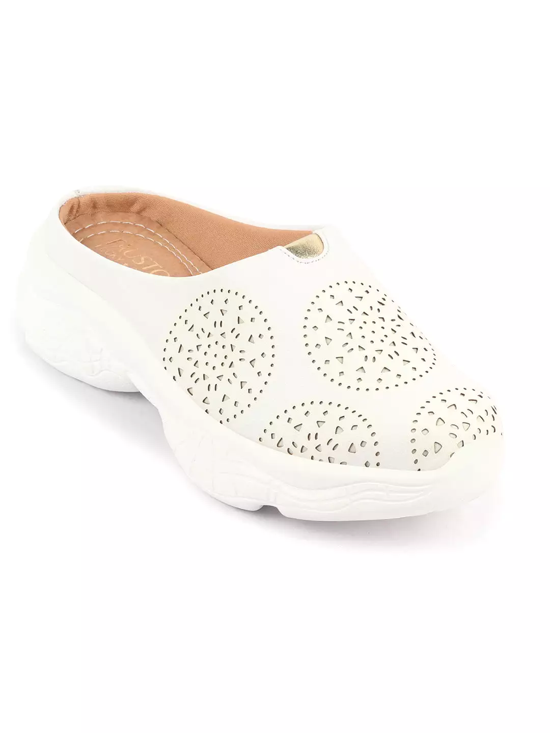 White Laser Cut Slip On Mules - Women's Back Open Toe Shoes