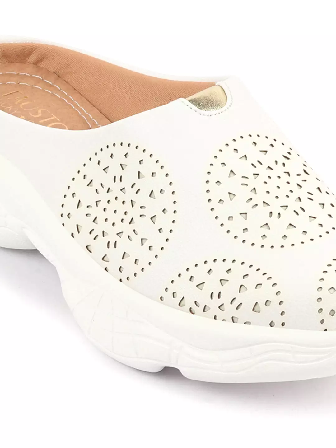 White Laser Cut Slip On Mules - Women's Back Open Toe Shoes