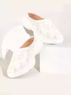 White Laser Cut Star Design Back Open Slip-On Mules Shoes for Women