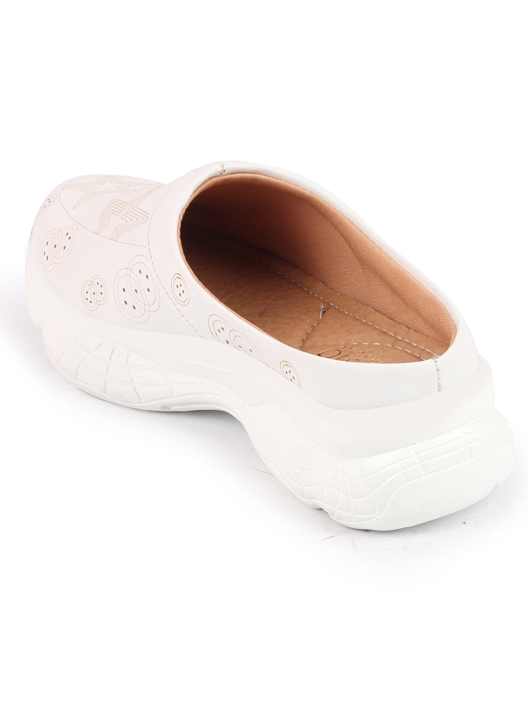 White Laser Cut Star Design Back Open Slip-On Mules Shoes for Women