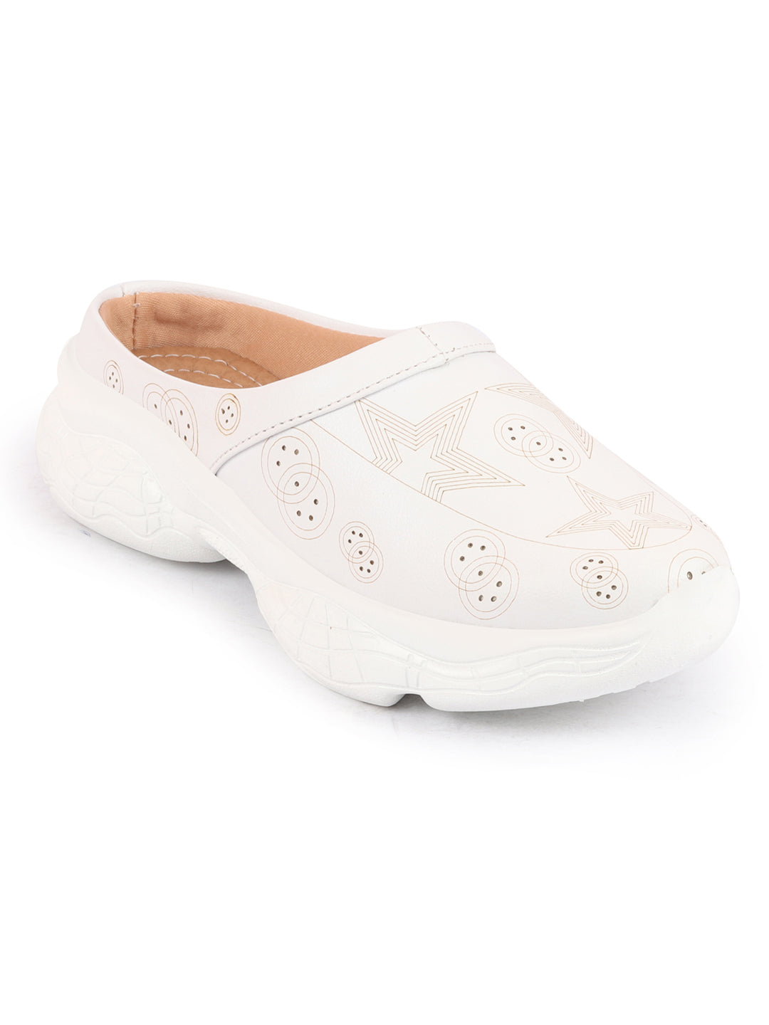 White Laser Cut Star Design Back Open Slip-On Mules Shoes for Women