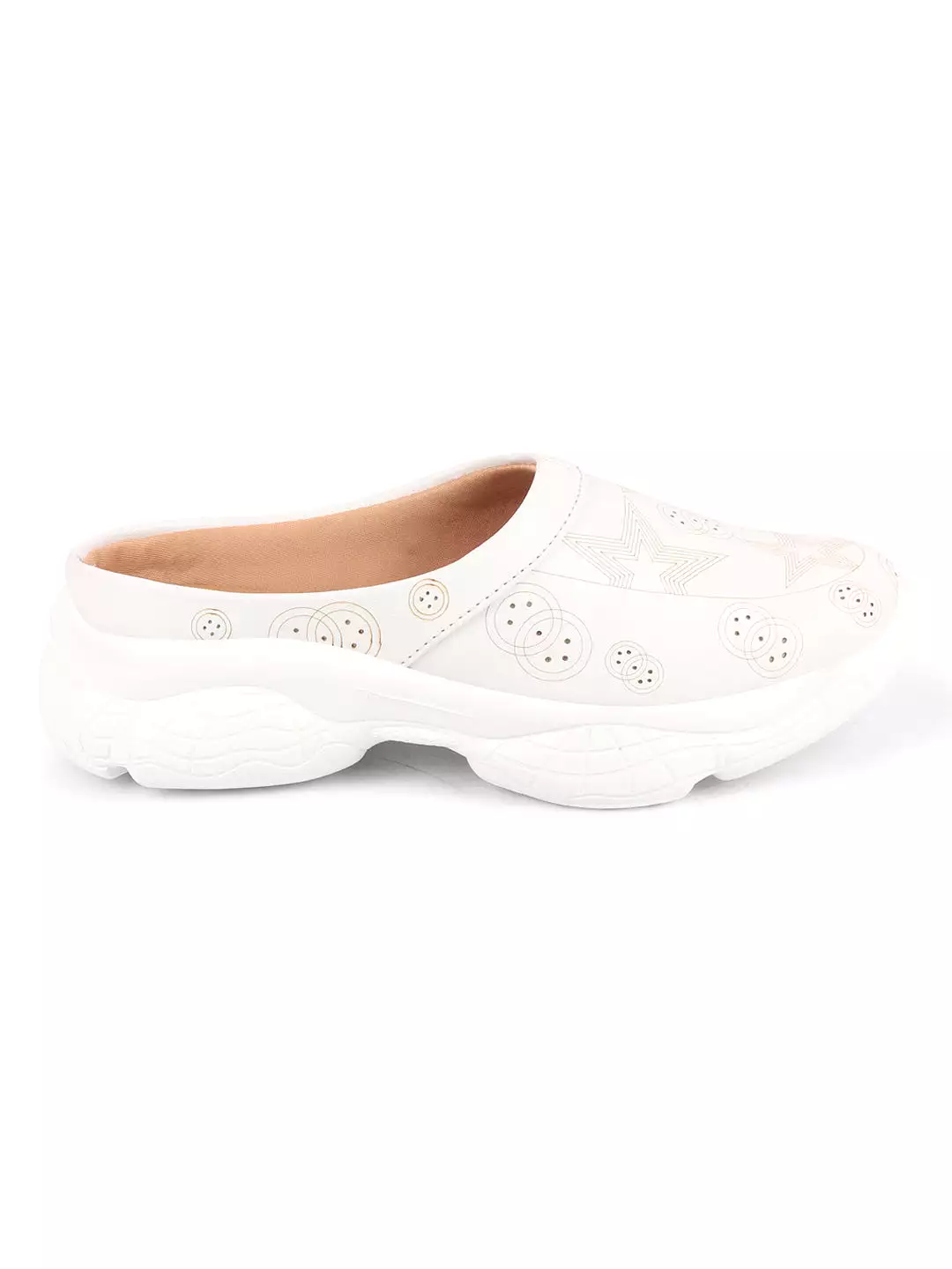 White Laser Cut Star Slip-On Mules Shoes for Women