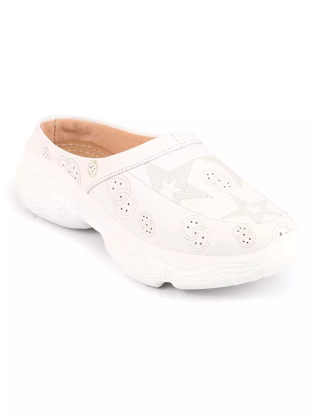 White Laser Cut Star Slip-On Mules Shoes for Women