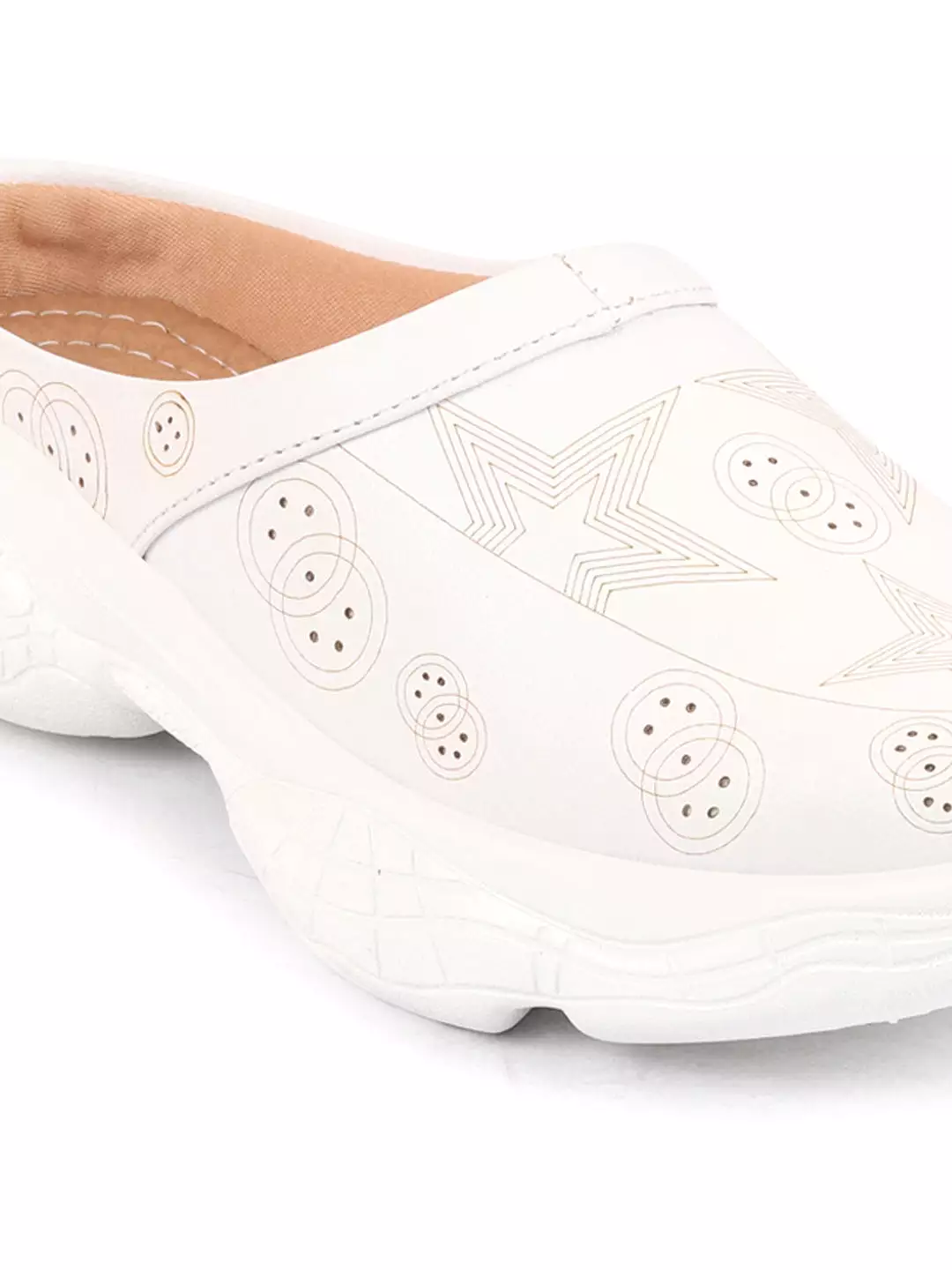 White Laser Cut Star Slip-On Mules Shoes for Women