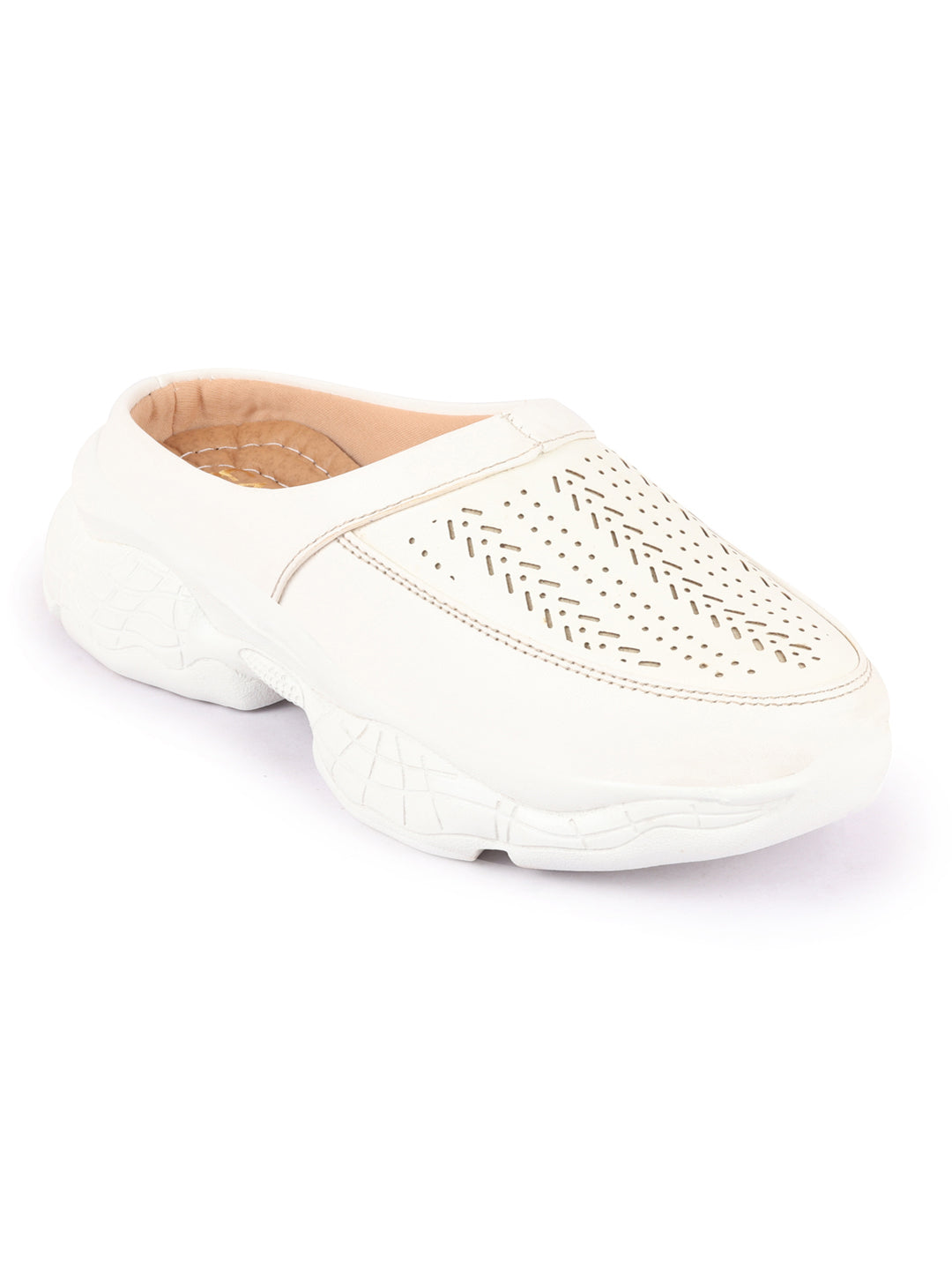 White Laser Cut Stitched Back Open Slip On Mules Shoes for Women