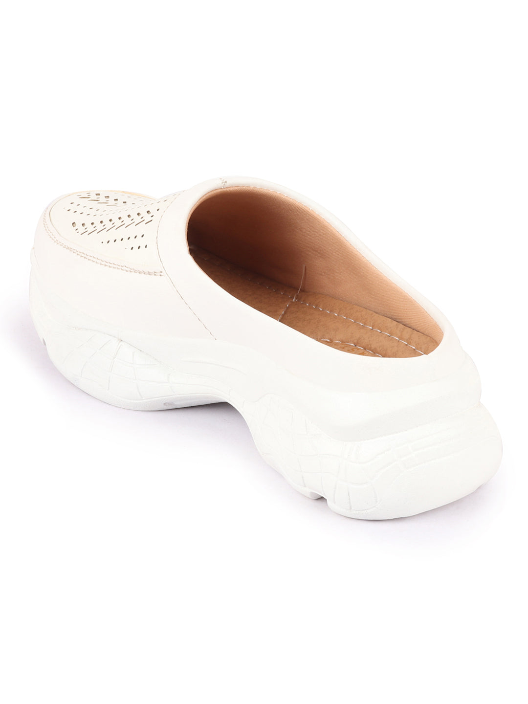 White Laser Cut Stitched Back Open Slip On Mules Shoes for Women