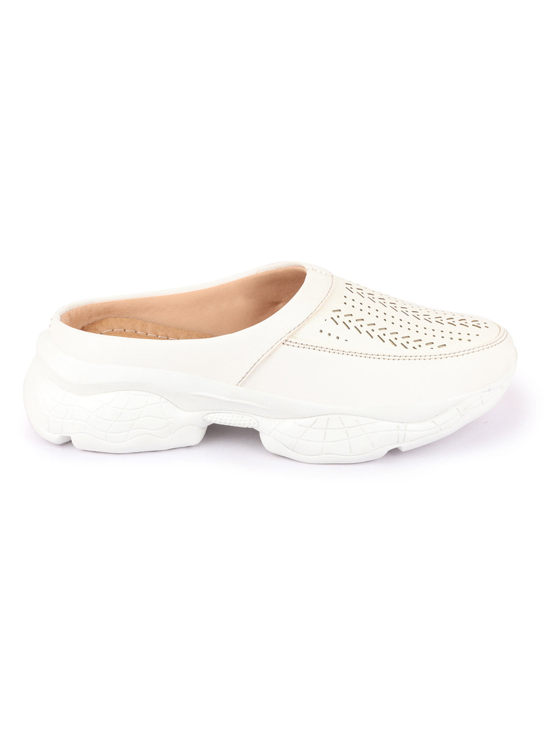 White Laser Cut Stitched Back Open Slip On Mules Shoes for Women