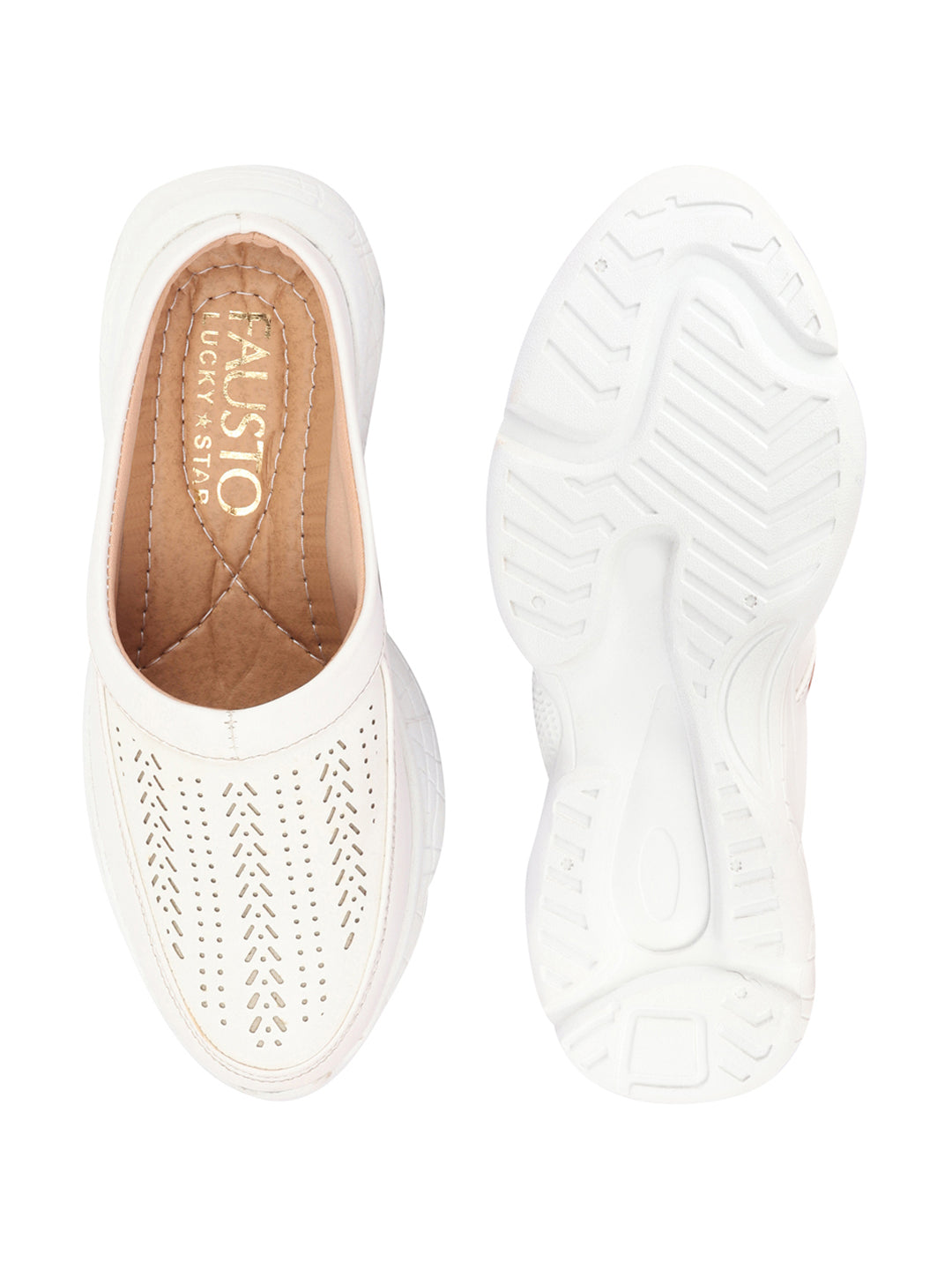 White Laser Cut Stitched Back Open Slip On Mules Shoes for Women