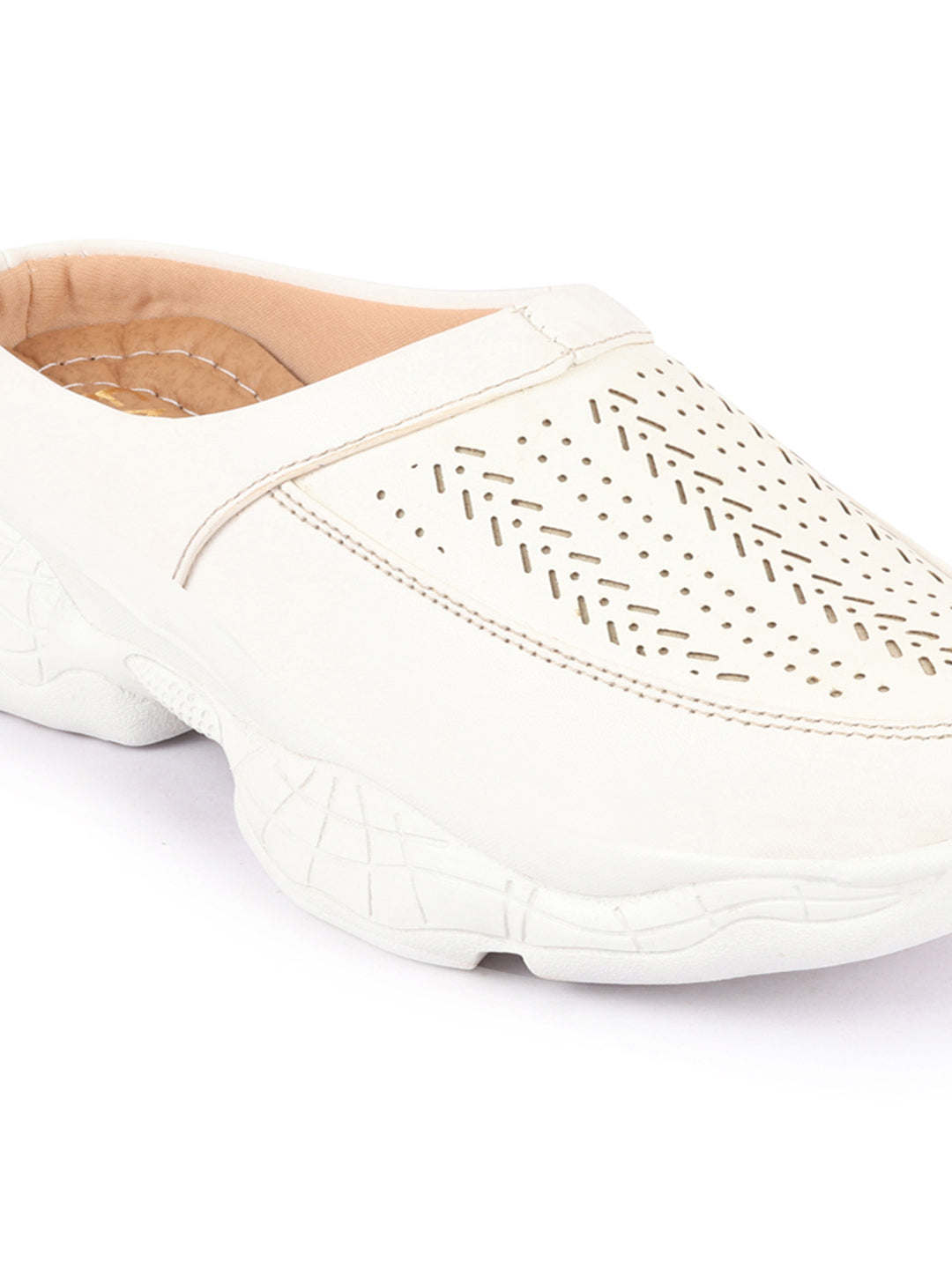 White Laser Cut Stitched Back Open Slip On Mules Shoes for Women