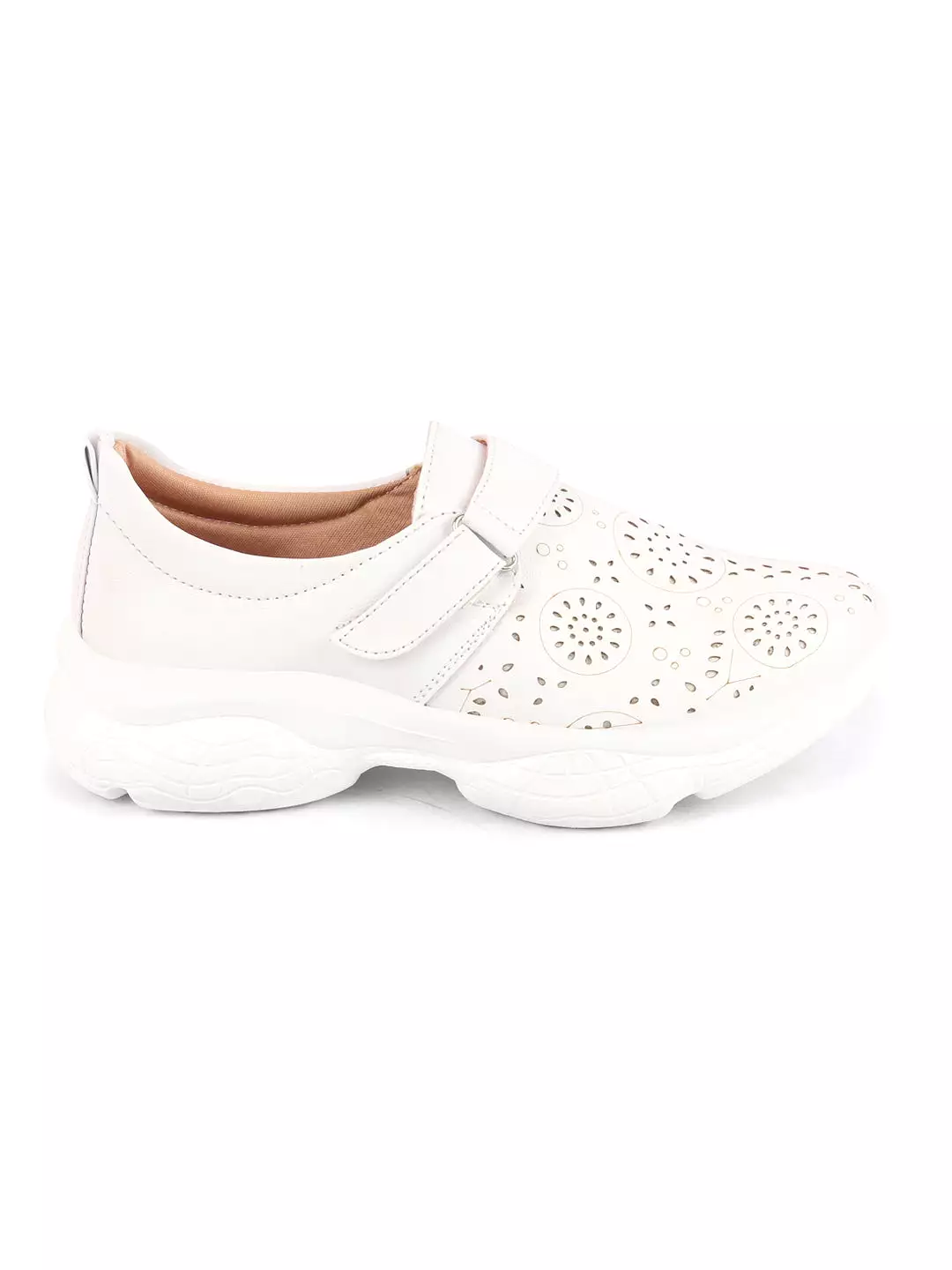 White Women's Laser Cut Design Backless Mules with Hook & Loop Buckle - Shop Now