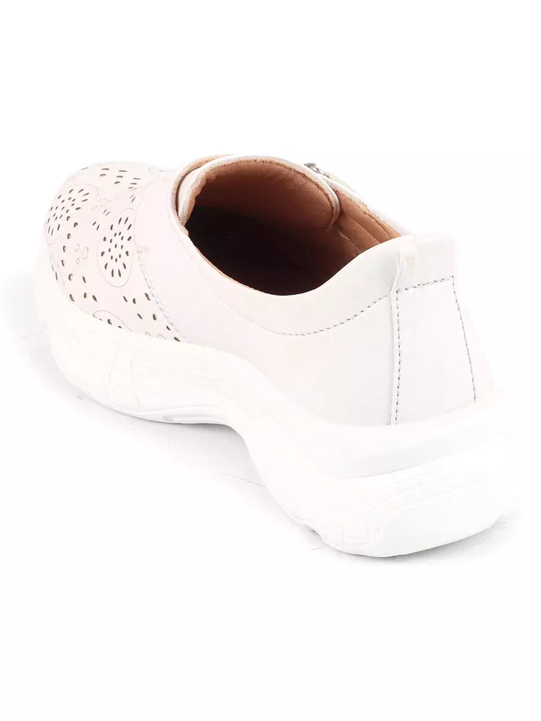 White Women's Laser Cut Design Backless Mules with Hook & Loop Buckle - Shop Now