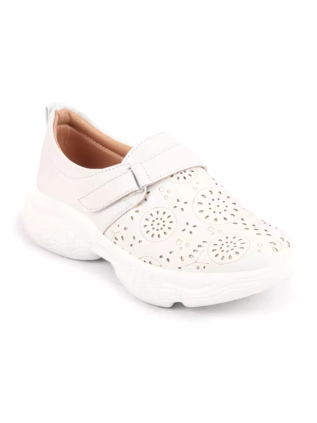 White Women's Laser Cut Design Backless Mules with Hook & Loop Buckle - Shop Now