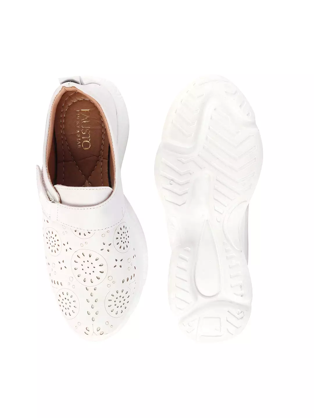 White Women's Laser Cut Design Backless Mules with Hook & Loop Buckle - Shop Now