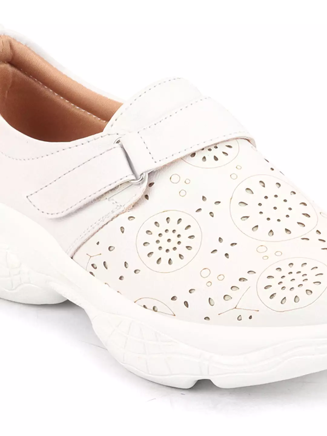 White Women's Laser Cut Design Backless Mules with Hook & Loop Buckle - Shop Now